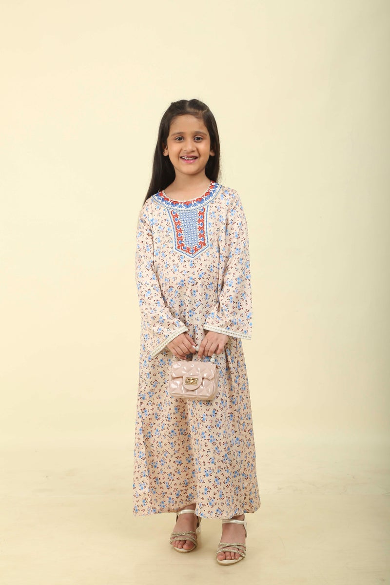 HANA & SARA Girls Satin Digital Print Floral Arabic Jalabiya – Lightweight Modest Wear Dress - Image 5